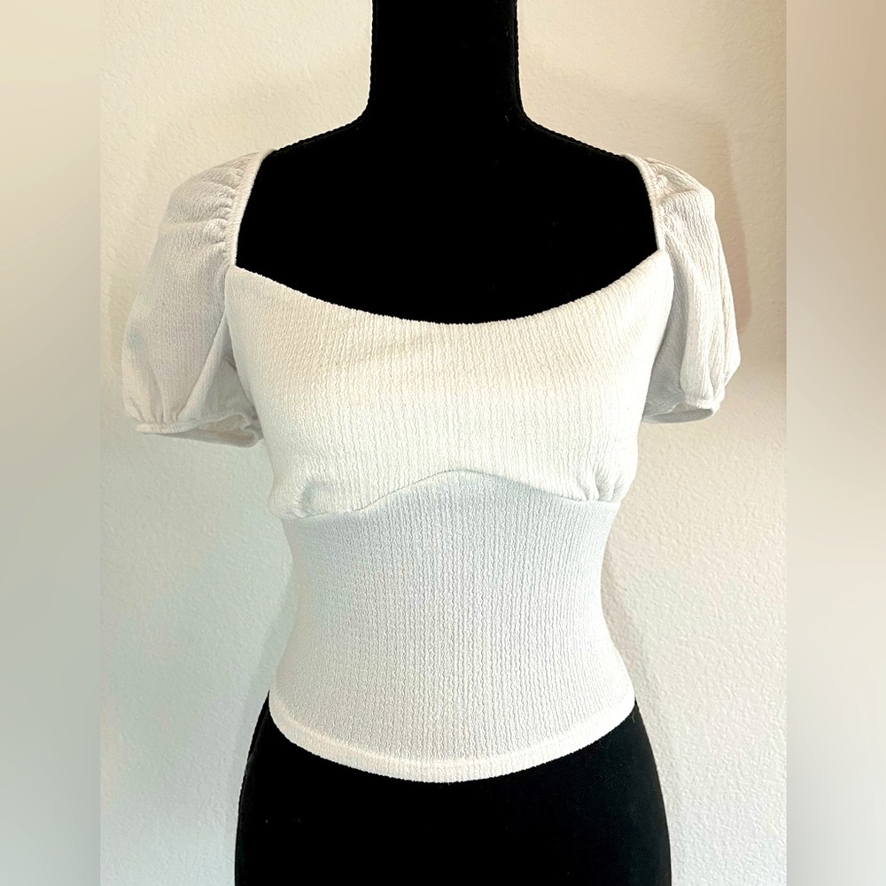 Saints White Square Neckline Puff Sleeve Strappy Back Crop Top